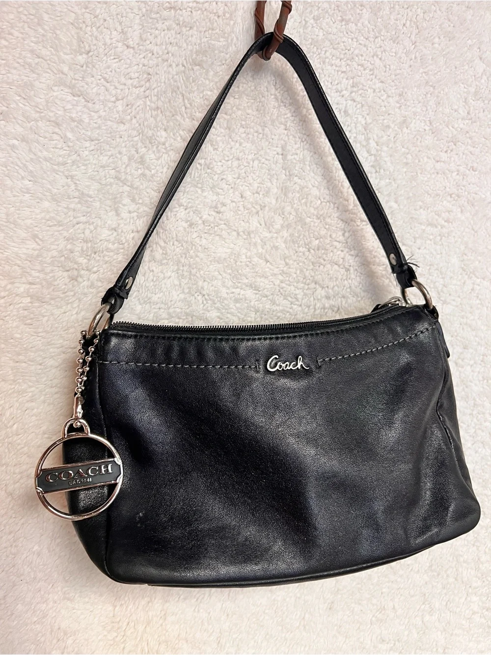 Coach Black Leather Shoulder Bag with Silver Charm - Picture 1 of 9